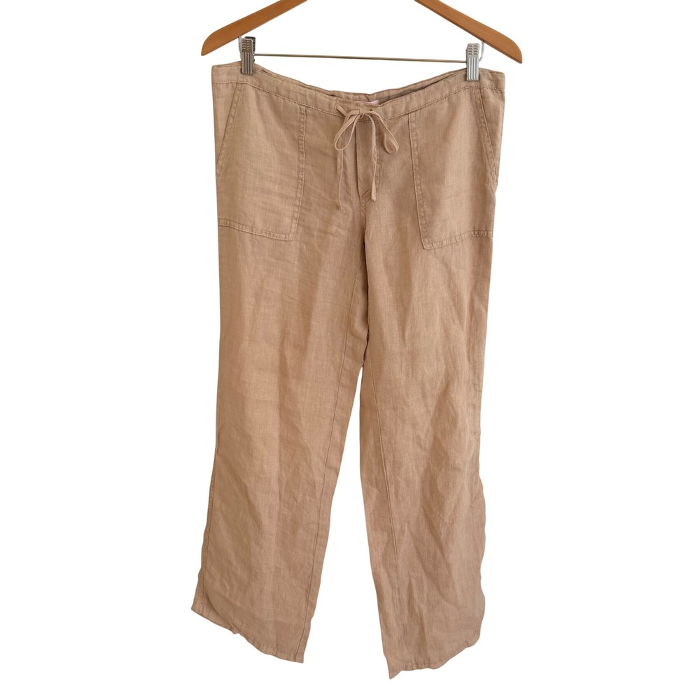 Victorias Secret 100% Linen Drawstring Straight Leg Pants Tan Beige Size 0 2014